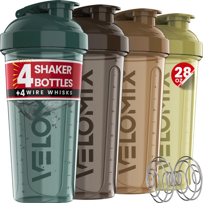 VELOMIX -4 PACK- 28 oz Protein Shaker Bottle for Protein Mixes - 4x Wire Whisk | Leak Proof Shaker Cups for Protein Shakes | Protein Shaker Bottle Pack | Protein Shake Cup (Burgundy Pack)