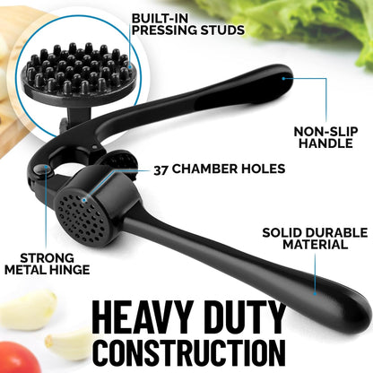 Zulay Kitchen Premium Garlic Press Set - Rust Proof Professional Garlic Mincer Tool - Easy-Squeeze, Easy-Clean with Soft, Ergonomic Handle - Silicone Garlic Peeler & Brush (Silver)