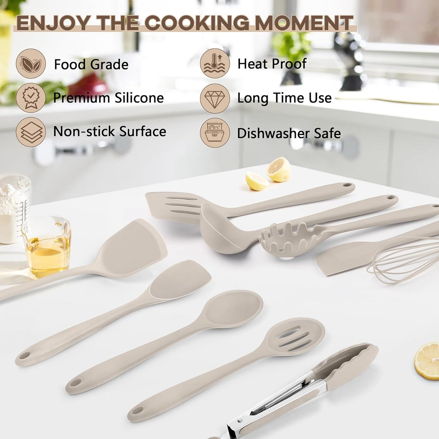 TeamFar Silicone Cooking Utensils, 10 pcs Kitchen Cooking Utensils Set, 446°F Heat Resistant Kitchen Gadgets Tools Set w/Spatula, Turners, Spoons, Soup Ladle, Pasta Server for Nonstick Cookware, Black