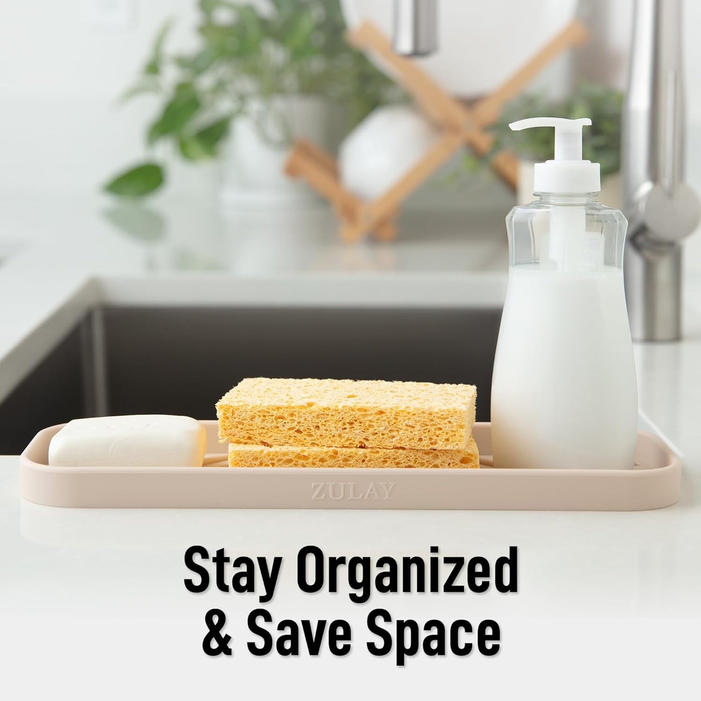 Zulay Kitchen (9x3.5in Sponge Holder for Kitchen Sink - Flexible Heavy-duty Multipurpose Sink Caddy - Counter Organizer for Kitchen, Bathroom, Makeup, Trinkets & More! (Grey)