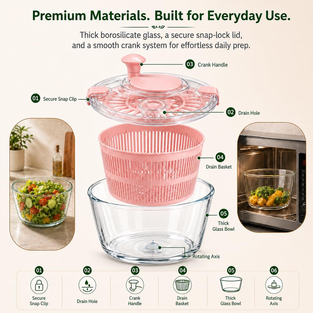 Good Grips Large 5.2 Qt Glass Salad Spinner Vegetable Dryer with Drain Dishwasher Safe with Transparent Lid Crank Handle Quick Spin Greens Washer for Lettuce Herbs Fruits Pink