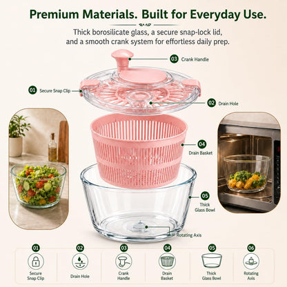 Good Grips Large 5.2 Qt Glass Salad Spinner Vegetable Dryer with Drain Dishwasher Safe with Transparent Lid Crank Handle Quick Spin Greens Washer for Lettuce Herbs Fruits Pink
