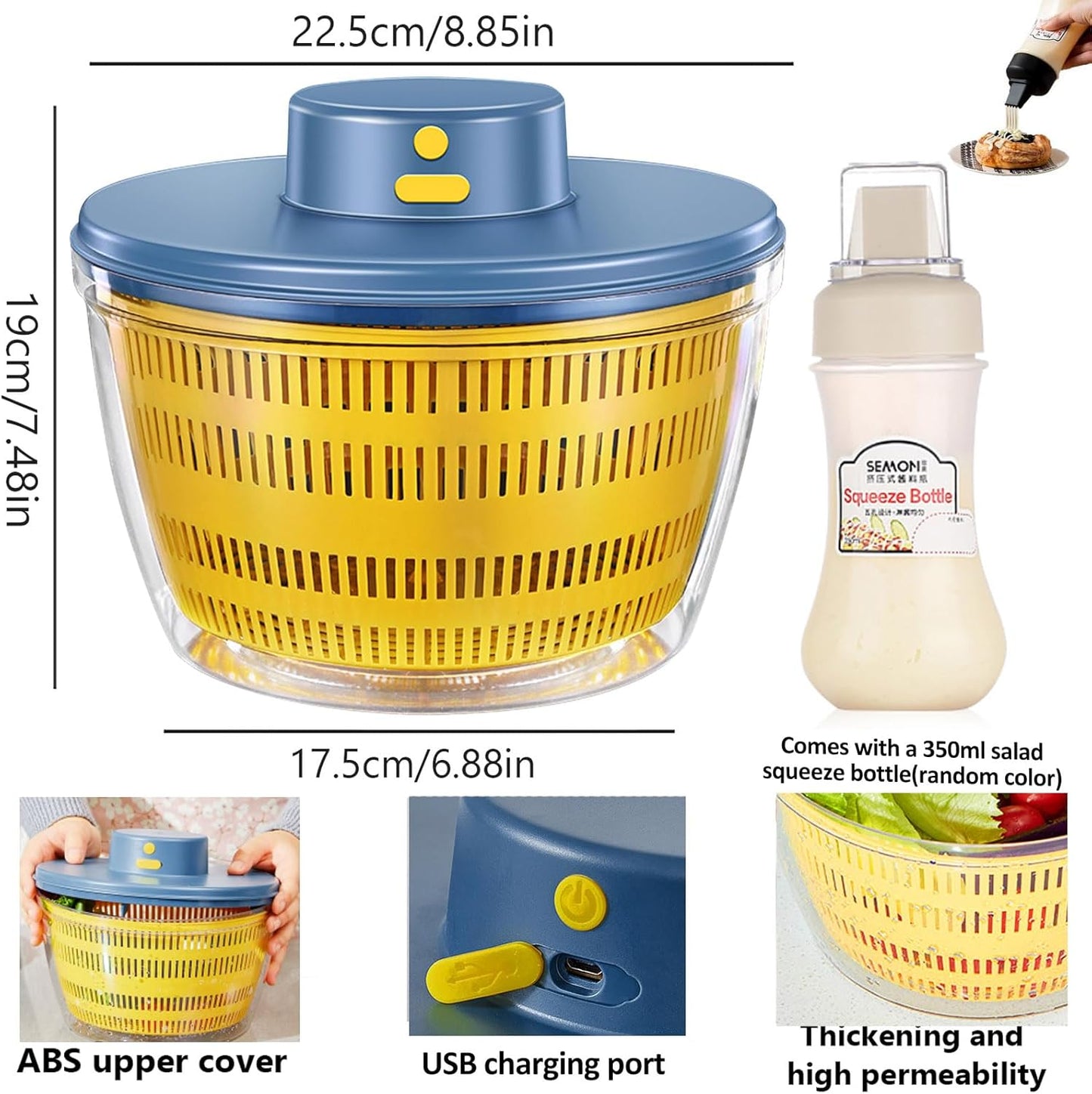 Electric Salad Spinner, 4L Wireless USB Salad Spinner Dehydrator for Fruit Vegetables, Large Capacity Salad Vegetable Dryer, Quick Drainage Electric Mixer White