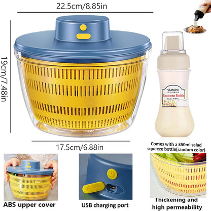 Electric Salad Spinner, 4L Wireless USB Salad Spinner Dehydrator for Fruit Vegetables, Large Capacity Salad Vegetable Dryer, Quick Drainage Electric Mixer White