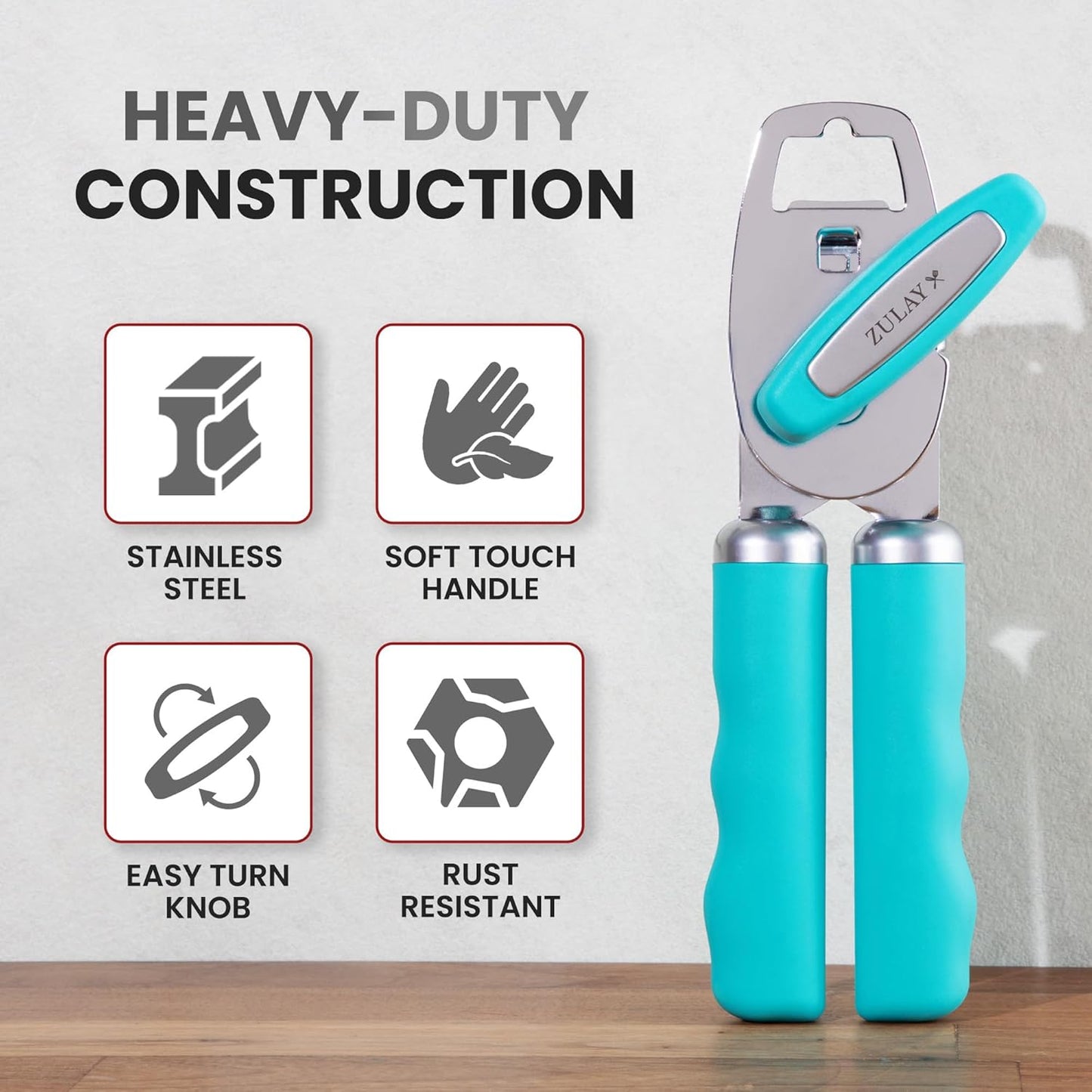 Zulay Kitchen Heavy Duty Stainless Steel Can Opener Manual with Bottle Opener - Rust Proof Manual Can Opener With Turn Knob & Comfy Soft Grip Handles - Cherry Red - Colors A