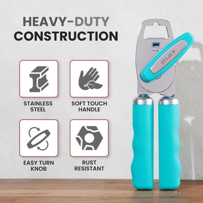 Zulay Kitchen Heavy Duty Stainless Steel Can Opener Manual with Bottle Opener - Rust Proof Manual Can Opener With Turn Knob & Comfy Soft Grip Handles - Cherry Red - Colors A