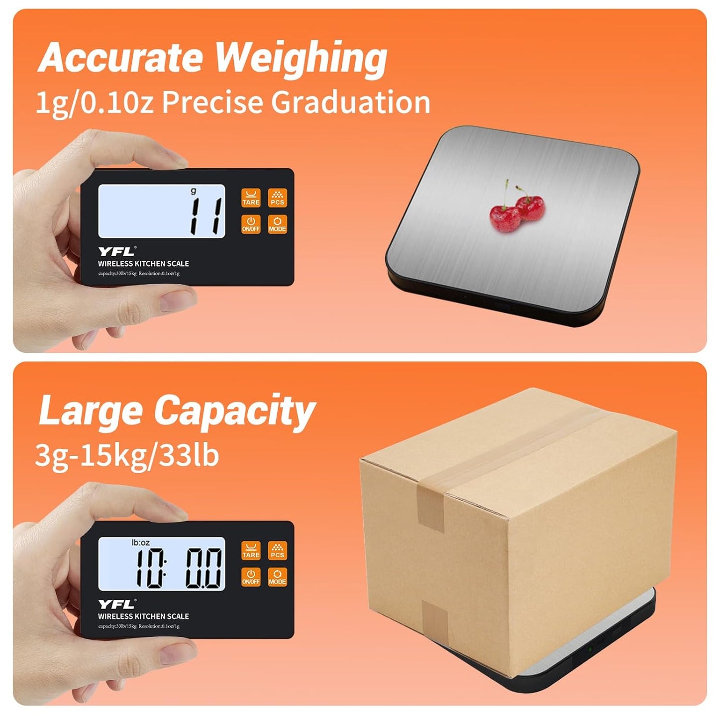 YFL Wireless Kitchen Scale with Detachable Remote Display, 33lb High Precision Digital Scale 1g/0.1oz, Tare Function 7 Units Food Scale for Cooking, Baking, Meal Prep & Dieting