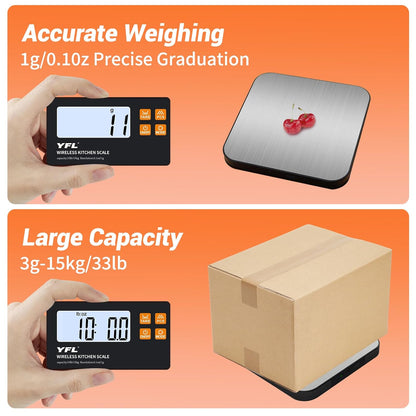 YFL Wireless Kitchen Scale with Detachable Remote Display, 33lb High Precision Digital Scale 1g/0.1oz, Tare Function 7 Units Food Scale for Cooking, Baking, Meal Prep & Dieting