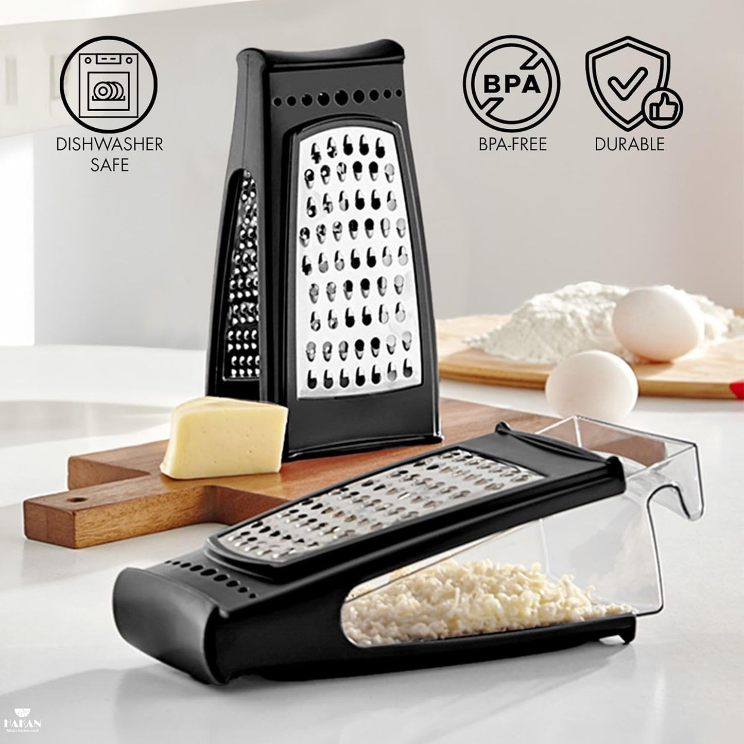 HAKAN Grater with Collection Box and Stainless Steel Blades | Handheld Ergonomic Cheese & Vegetable Grater with Container | 18.5 oz Box | Dishwasher Safe