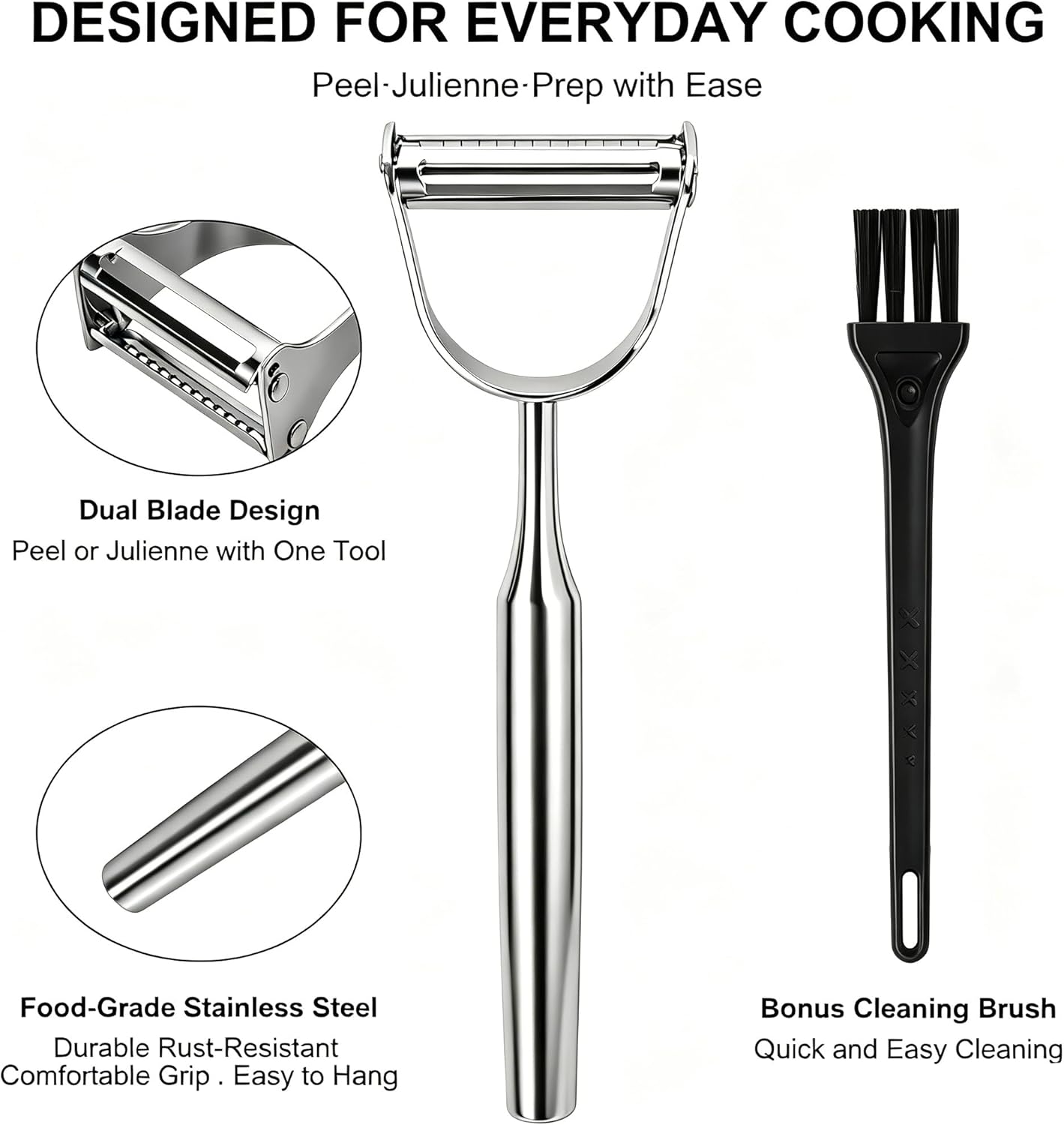 2 in 1 Vegetable Peeler, Stainless Steel Julienne Peeler, Multi-Function Design, Straight-edge blades for Peeling, Serrated blades for Julienne, for Potato Carrot Zucchini Cucumber, Kitchen Gift