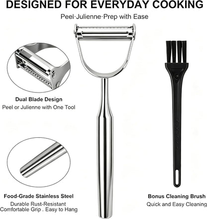 2 in 1 Vegetable Peeler, Stainless Steel Julienne Peeler, Multi-Function Design, Straight-edge blades for Peeling, Serrated blades for Julienne, for Potato Carrot Zucchini Cucumber, Kitchen Gift