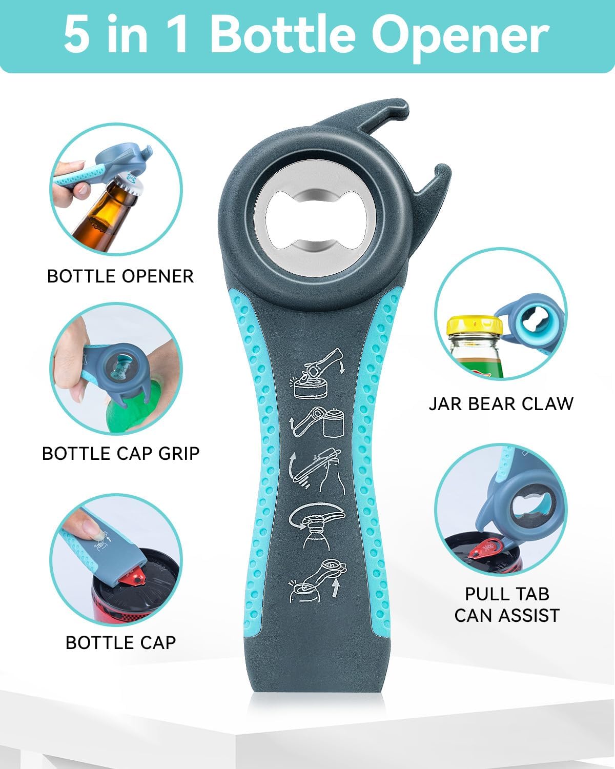 Jar Opener 3-Piece Set for Seniors with Arthritis, Multi-Function Can and Bottle Opener for Weak Hands, Ergonomic Non-Slip Kitchen Tool Set, Easy-to-Use, Thoughtful Gift for Elderly