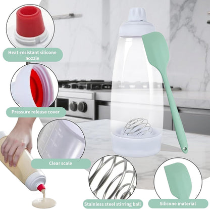 Pancake Squeeze Bottle,Pancake Batter Dispenser Bottle,With Whisk Ball And Stand Base,Squeeze Kitchen Pancake Shaker,For Cupcakes, Muffins,Crepes,Kitchen Baking Tool