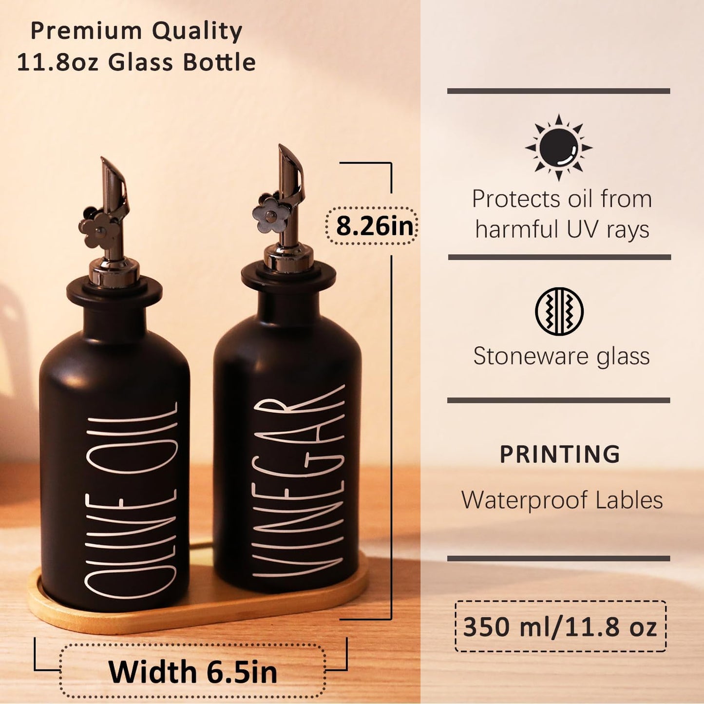 HOMCDALY Premium Olive Oil Dispenser for Kitchen, 11.8oz Glass Oil Bottles with Bamboo Tray, White and Gold Oil&Vinegar Cruet Set, Kitchen Dispenser Bottles with Pourer| Set of 2 (11.8oz –P–Gold)