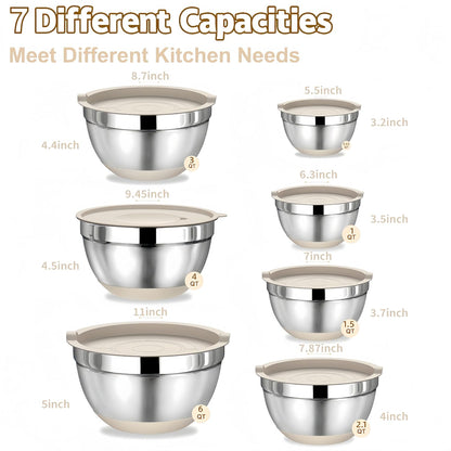 Mixing Bowls with Lids Set,7PCS Stainless Steel Bowls with 3 Grater Attachments and Measuring Spoons,Ideal for Kitchen Cooking & Serving,Non-slip Bottoms Size 6, 4, 3, 2.1,1.5,1,0.63QT (Beige)