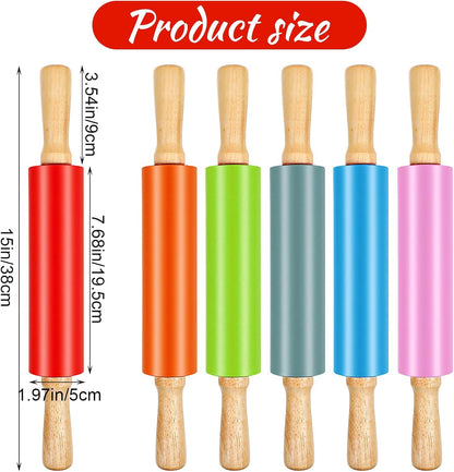 6 Pack 15 Inch Silicone Rolling Pins for Baking, Rolling Pin Non Stick with Wooden Handle, Small Rolling-Pins for Dough, Cookie, Pastry, (6 Colors)
