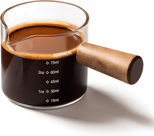 YARRAMATE 6 oz/180ML Glass Measuring Cup with Wooden Handle – Espresso Shot Cups, Ribbed Milk Frothing Pitcher, Dual Scale Markings, V-Shaped Mouth for Easy Pouring