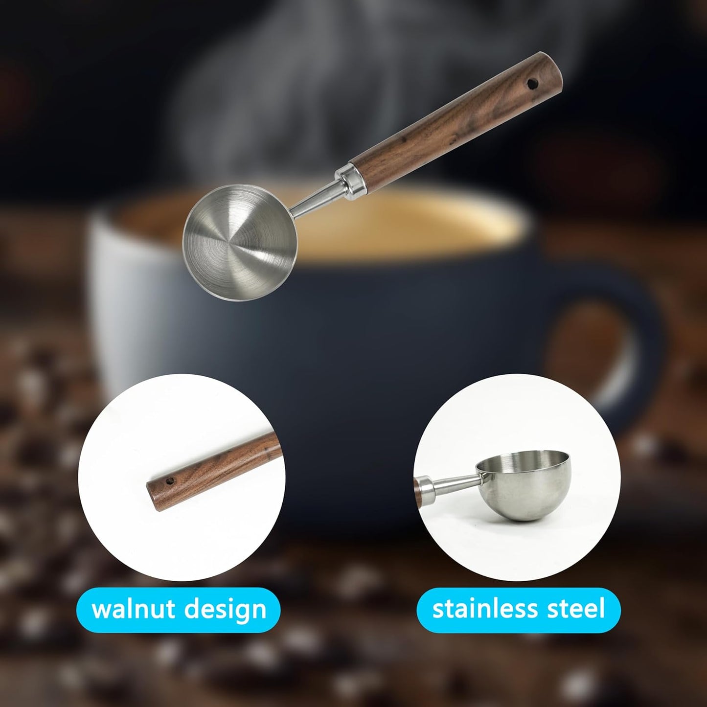 Stainless Steel Coffee Scoop with Walnut Handle - 2 Tablespoon Metal Measuring Spoon for ground Coffee, Espresso, Bath Salts, Formula - Durable Multi-Purpose Scooper (Silvery)