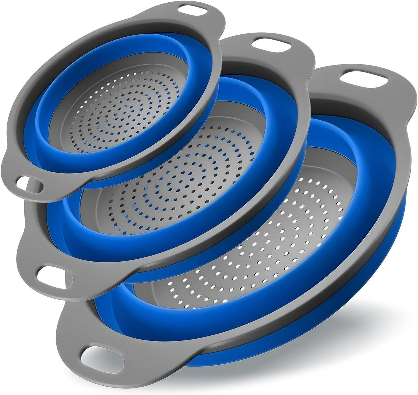 Collapsible Colander Set, Silicone Collapsible Strainers for Kitchen, Perfect for Draining Pasta, Vegetable and Fruit, Food Strainer, Dishwasher Safe (3 Pack)