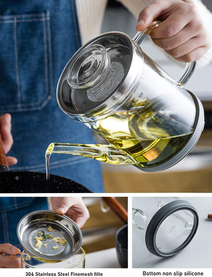 Gravy Fat Separator,1000ML Transparent Heat Resistant Glassware and Cover,with Stainless Steel Strainer,Silicone Bottom Cover and Stopper,