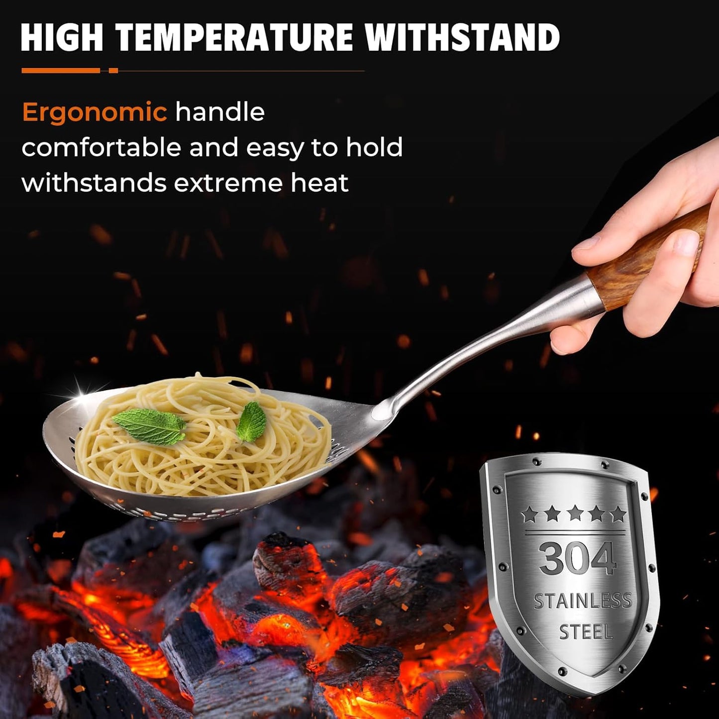 MARTE Skimmer Slotted Spoon Set of 4 - Kitchen Pasta Strainer Spoon - Spider Strainer Skimmer Ladle Spoon with Holder for Cooking and Frying Food, Spaghetti, Vegetable, Dumpling - 14.8In,16.5In,17In