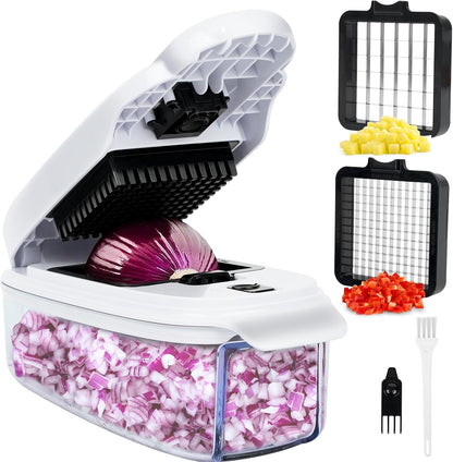 2-in-1 Vegetable Dicer, Onion Chopper with 6.7mm and 13.5mm Dicing Blades, 1.5L Food Prep Container for Salad, Potato, Tomato, Home Kitchen Meal Prep (White & Black)