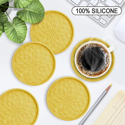 ME.FAN Silicone Coasters with Holder,[6 Pack] Drinking Coasters - Cup Mat for Hot or Cold Drinks, Thickened, Non-Slip, Non-Stick,Deep Tray Black