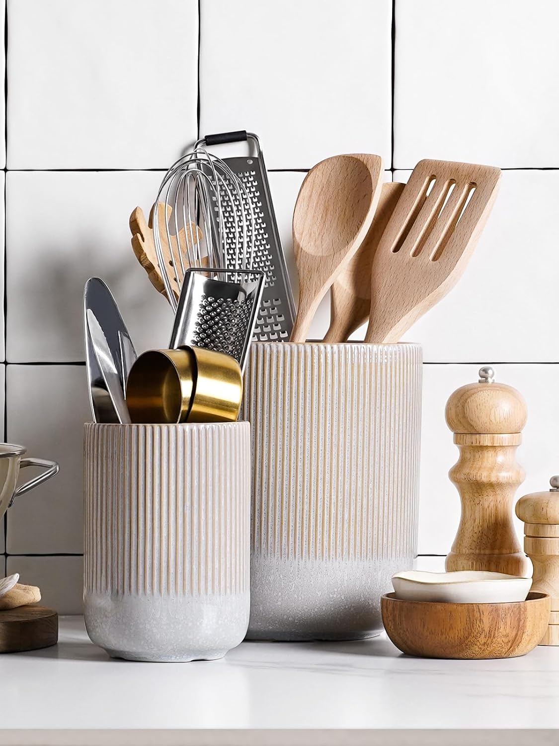 LE TAUCI Utensil Holder for Kitchen Counter, 7.3"+5.4" Fluted Ceramic Utensil Crock Organizer for Countertop, Heavy Large Holder for Spatulas, Spoons, Set of 2, White, Kitchen Counter Decor