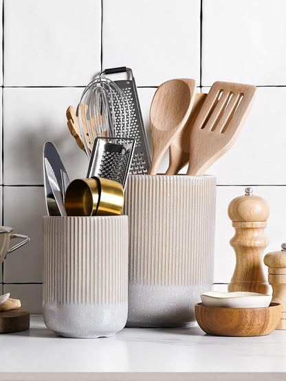 LE TAUCI Utensil Holder for Kitchen Counter, 7.3"+5.4" Fluted Ceramic Utensil Crock Organizer for Countertop, Heavy Large Holder for Spatulas, Spoons, Set of 2, White, Kitchen Counter Decor
