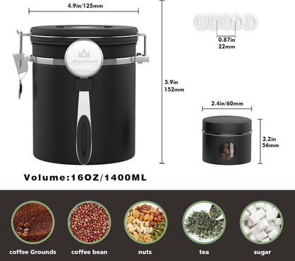 Coffee canister for ground coffee with Scoop Date Tracker One Way Co2 Valve 304 Stainless Steel Kitchen Food Airtight storage container for Coffee Beans,Grounds,Tea,Sugar (Black, 16oz)