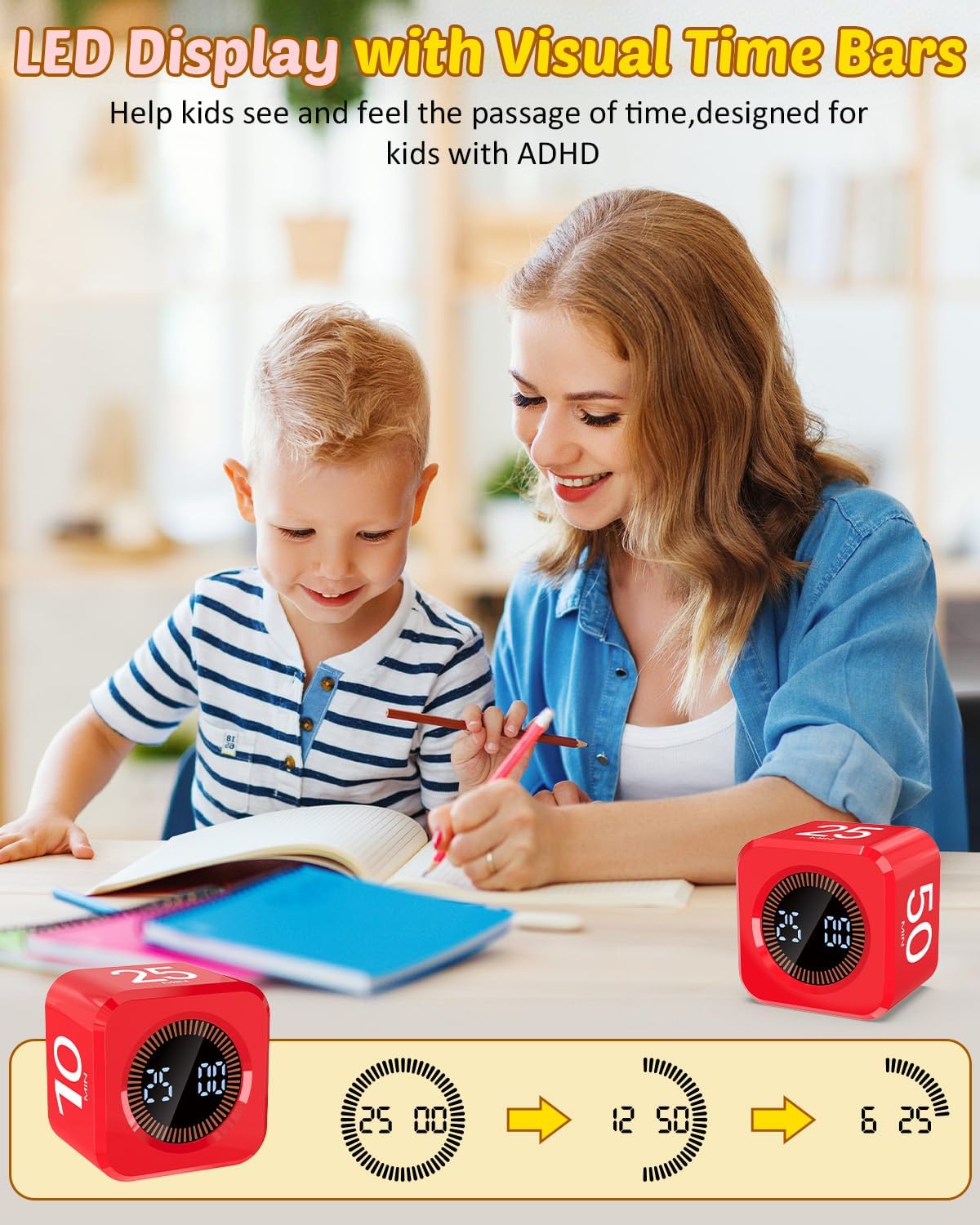 Digital Pomodoro Timer Cube 5/10/25/50min, Visual Productivity Flip Timer for Kids Classroom Desk, Custom Countdown, Silent and Sound Mode for ADHD Study Work Game Kitchen (Orange)