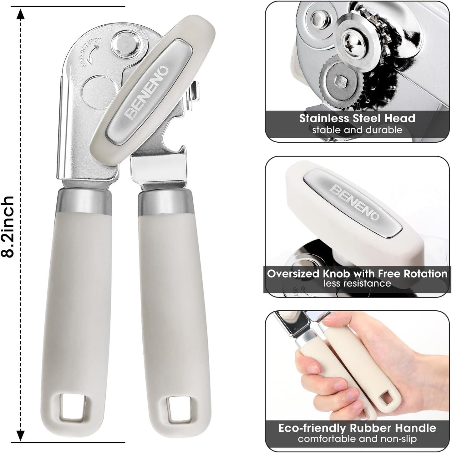 Beneno Heavy Duty Hand Can Opener Manual with Magnet, Durable Sharp Carbon Steel Blade Smooth Cutting, Big Effort-Saving Knob & Soft Grip Handle, Multifunctional Kitchen Tool with Bottle Opener, Green