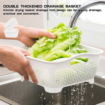 Double-layer Plastic Fruits Vegetable Washing Basket Food Storage Multi-layer Stackable Vegetable Sinks Wash Drain Basket for Kitchen (White)