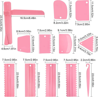 12 Pcs Adjustable Cake Smoother Set, Plastic Cake Decorating Tools Comb and Dough Scrapers for Baking Pastries (Pink)