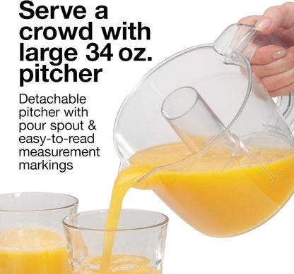 Proctor Silex Electric Citrus Juicer Machine, Large 34 oz. Pitcher, Pressure Activated, 2 Reamers for Big and Small Fruit, Pulp Control, for Orange, Lemon, Grapefruit Juice, White & Green (66340)