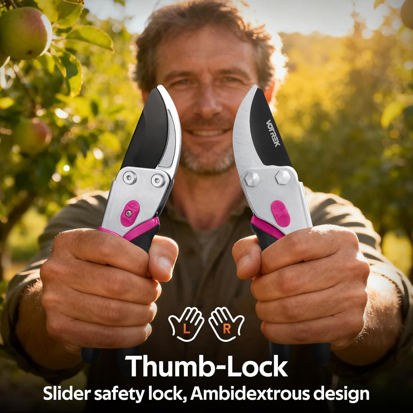 VOTREK® Pruning Shears, 8.5” Professional Garden Pruner with Jam-Proof Spring & Ever-Sharp SK5 Blade, Ergonomic Bypass Clippers for Rose, Tree Trimming, Heavy Duty Bonsai Scissor for Weak Hand