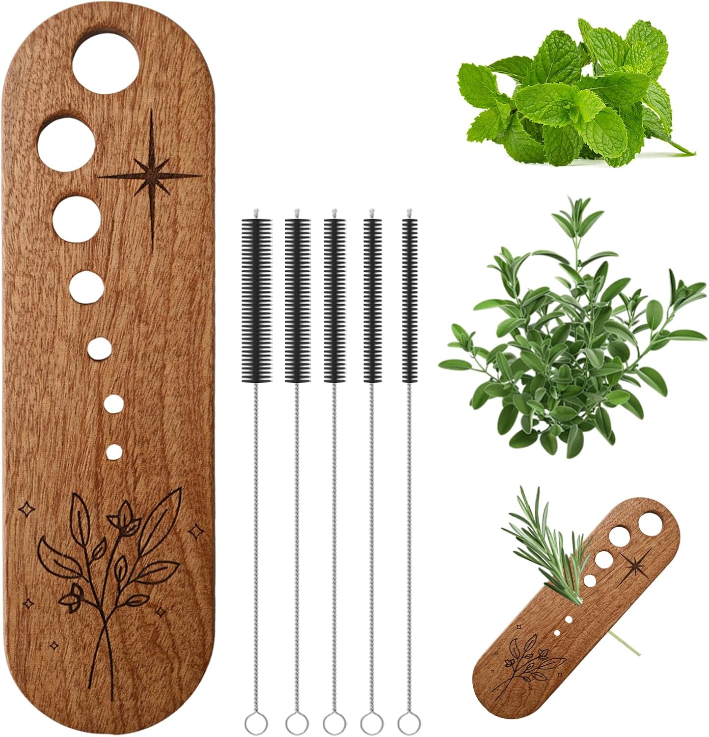 Premium Herb Stripper Tool, Herb Stripper Wooden with Cleaning Brush Set, Kitchen Herbs Leaf Stripping Tool, Herb Leaf Peeler for Collard Green Thyme Basil Rosemary Stripper, Practical Kitchen Gadgets