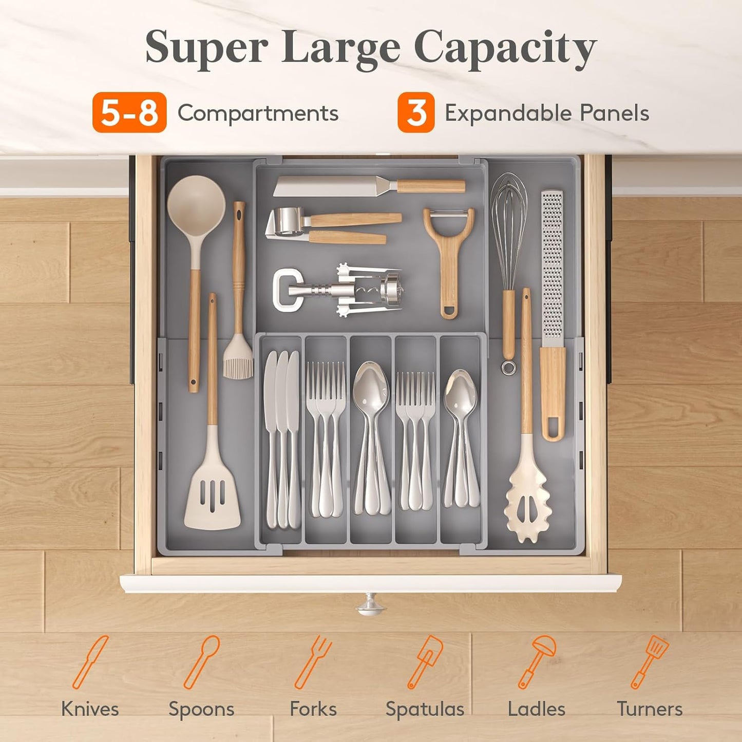 Lifewit Silverware Drawer Organizer, Expandable Utensil Tray for Kitchen, BPA Free Flatware and Cutlery Holder, Adjustable Plastic Storage for Spoons Forks Knives, 4-7 Slots, Black