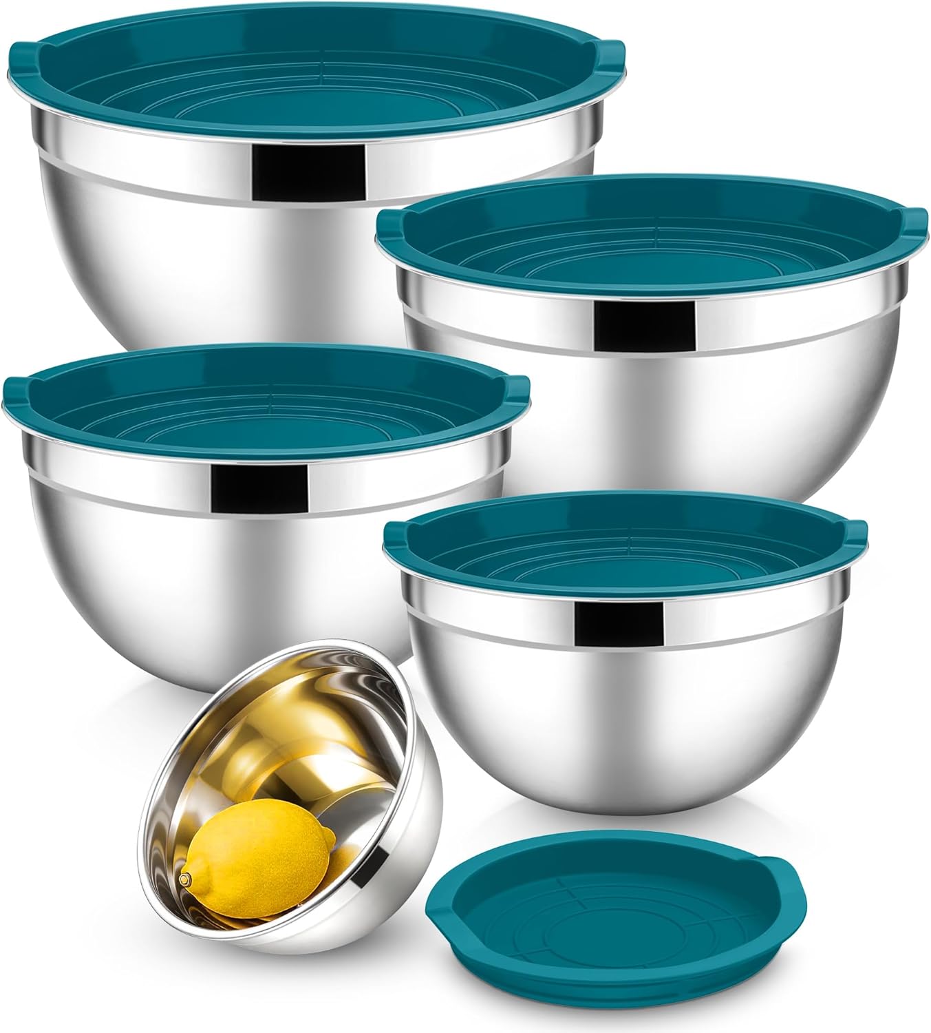E-far Mixing Bowls with Lids, 6-Piece Stainless Steel Salad Bowls Metal Nesting Bowls for Baking Cooking and Prepping, Airtight Lids & Stackable Design, Size 4.5, 3, 1.5 QT (Black)