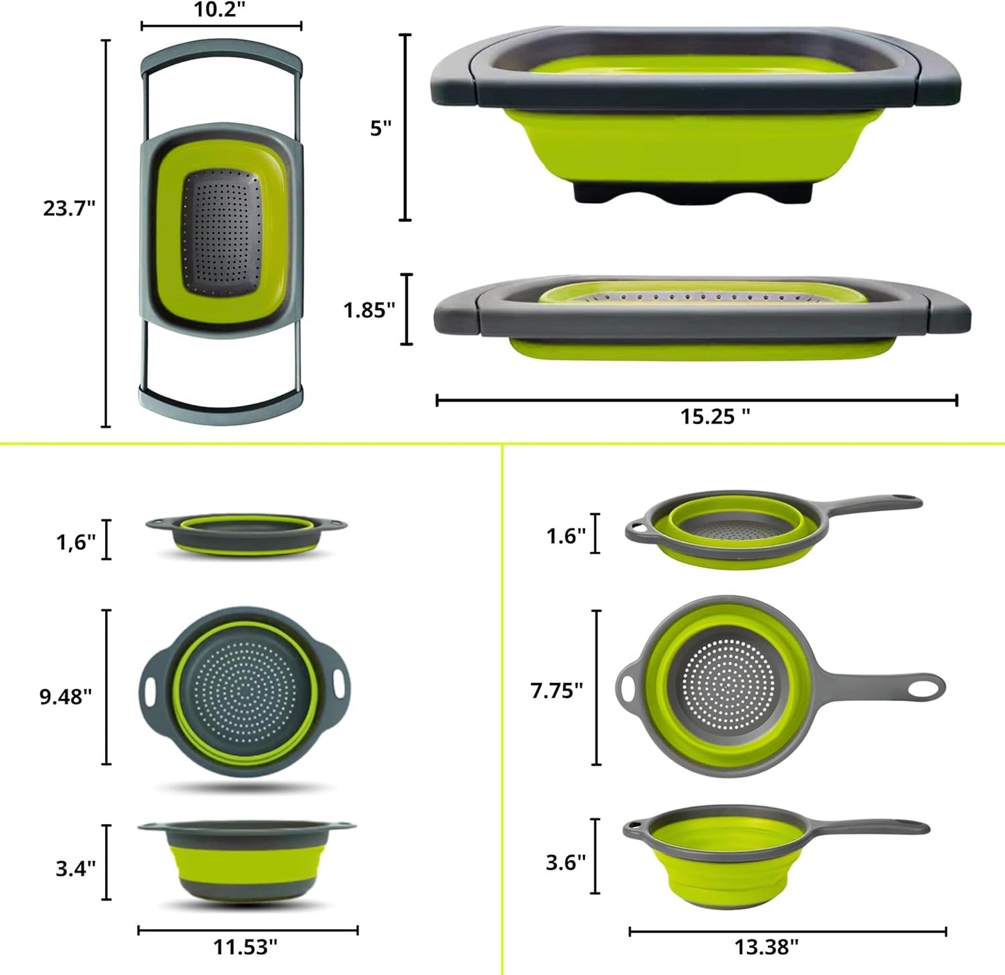 Green Kitchen Strainer Colander Set - 2 PCS Multifunctional Colander Silicone Food Strainers for Kitchen for Pasta and Spaghetti Collapsible with Plastic Handles
