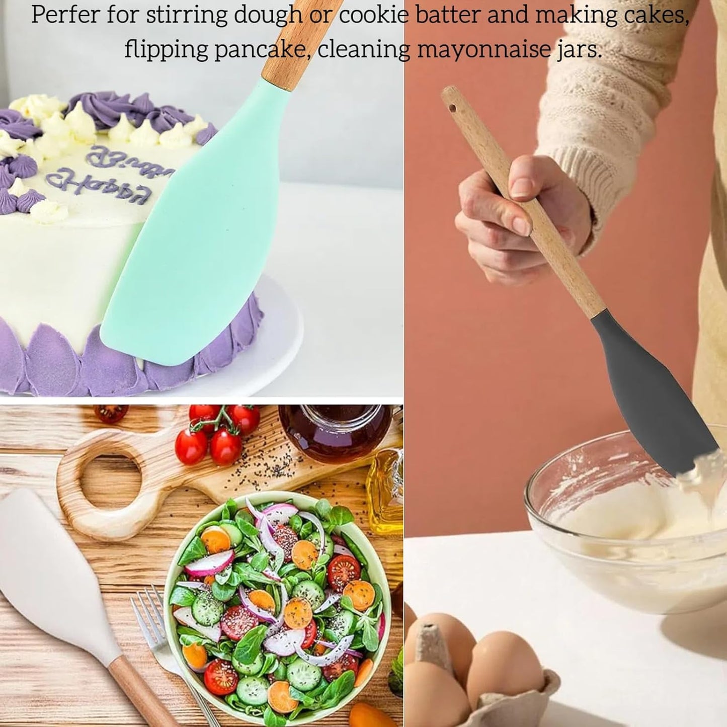LorisArm Large Wooden Handle Spatula Set, 12" Rubber Spatula 4-Pack Nonstick Silicone Spatulas for Baking Cooking and Mixing, Jar Scraper (Grey, Green, White, Black).