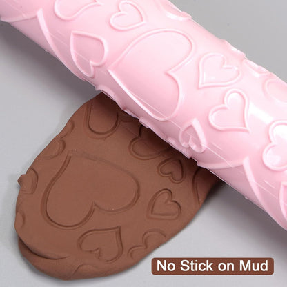HARFINGTON Pattern Embossed Rolling Pin 14.57" x 1.97" Heart 3D Pattern PP Plastic Non-Stick Embossing Textured Rolling Pins for Baking Cookie Fondant Pastry Clay Dough, Pink