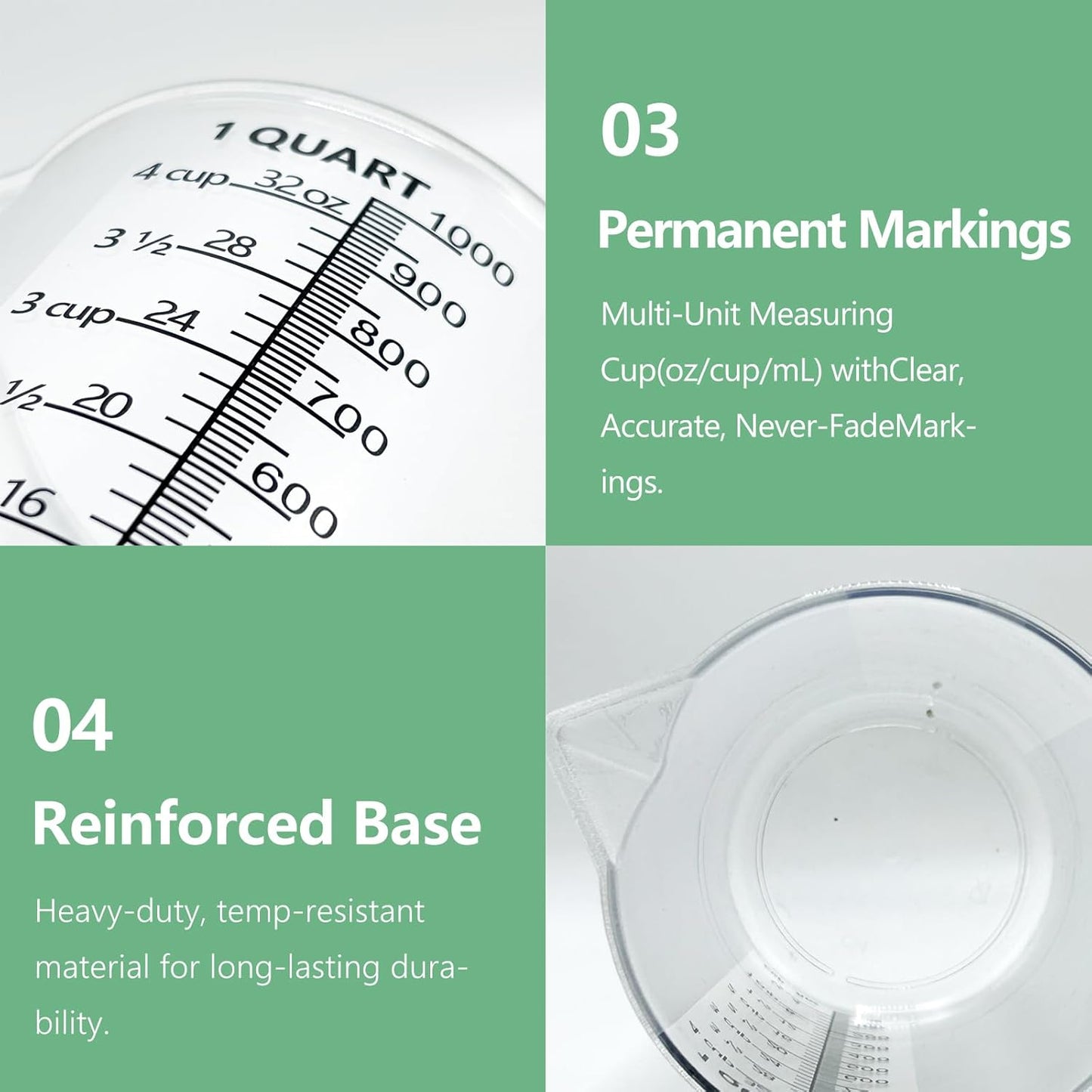 Laser-Etched Measuring Cup Set, 16 oz & 1 Cup Clear Plastic Liquid Measuring Cups, Permanent oz/cup/Tbsp/mL Markings, Food-Grade for Baking & Cooking