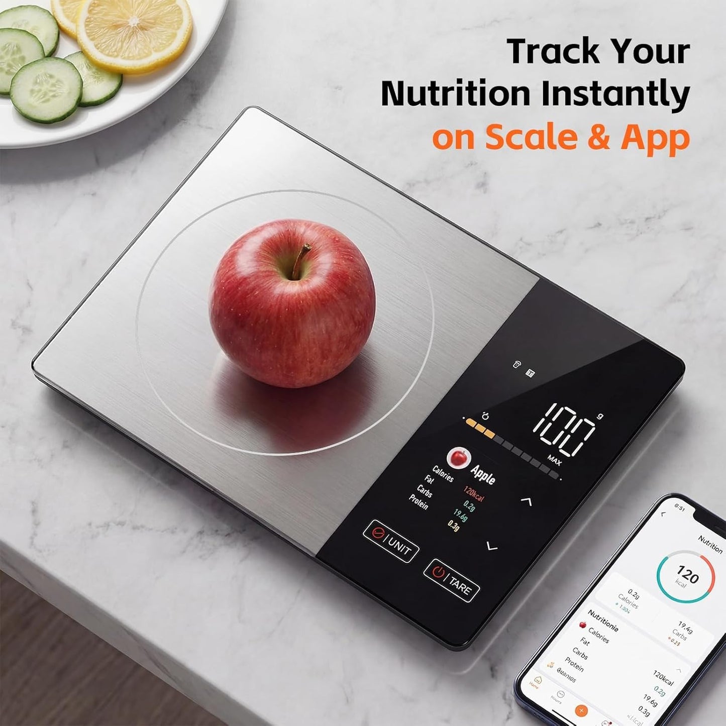 TFT Dual Display Smart Nutrition Scale with App, Tracks Calories, Fat, Carbs & Protein, 1g Precision, 5kg/11lb, 50 Foods 24 Nutrients, for Meal Prep, Keto & Healthy Diet