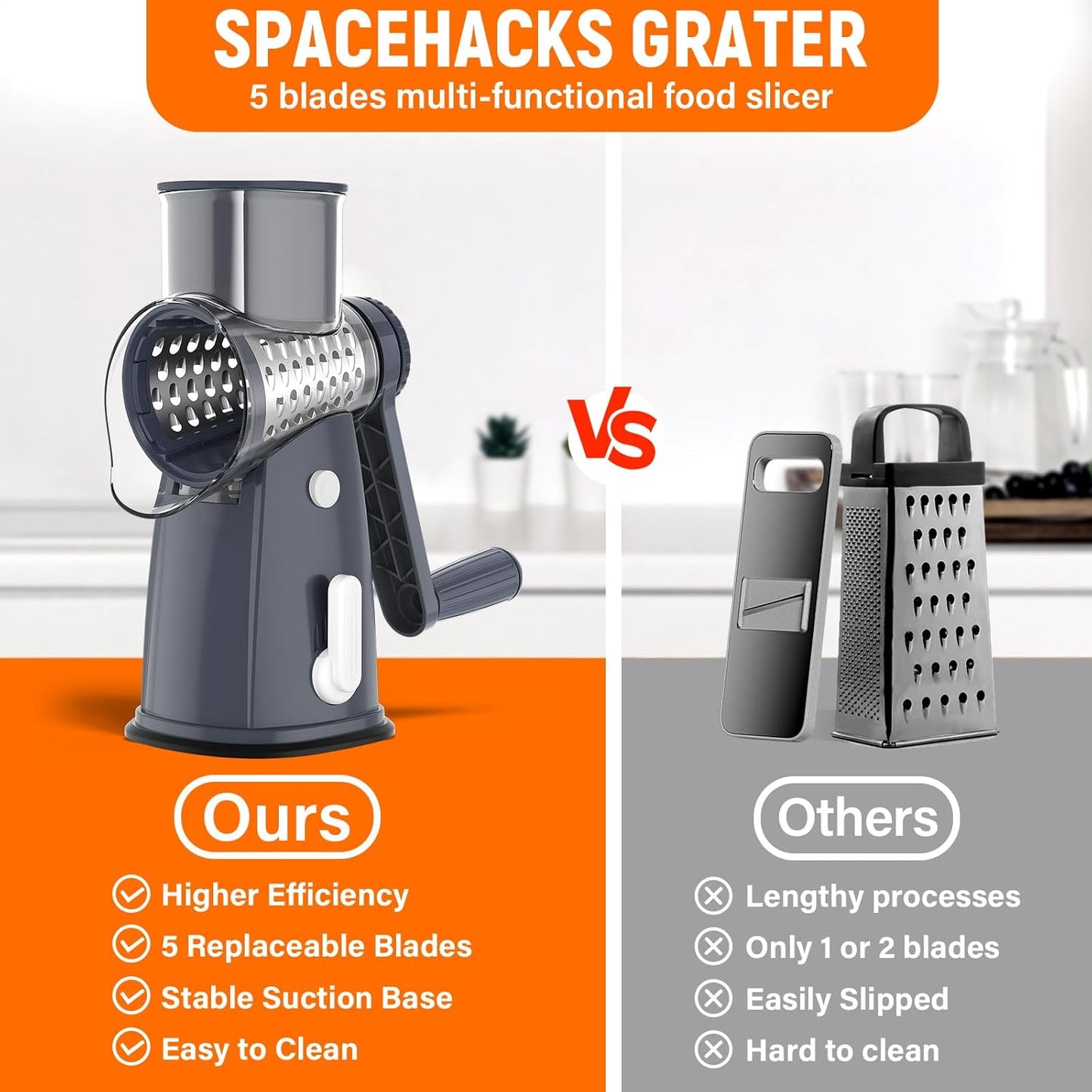 SpaceHacks Rotary Cheese Grater Hand Crank, with 5 Blades for Chopper Shredder Spiralizer Slicer for Vegetable Cheese Fruit, Food Chopper for Kitchen with Blades Storage Box & Suction Base (Black)