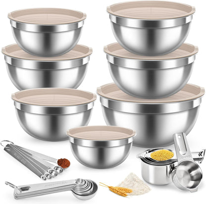 31PCS Mixing Bowls with Lids Set, 5.5QT to 0.6QT Stainless Steel Nesting Bowls with Graters, Large Khaki Bowls & 21 Measuring Cups and Spoons Set Kitchen Appliances for Mixing, Baking, Food Storage