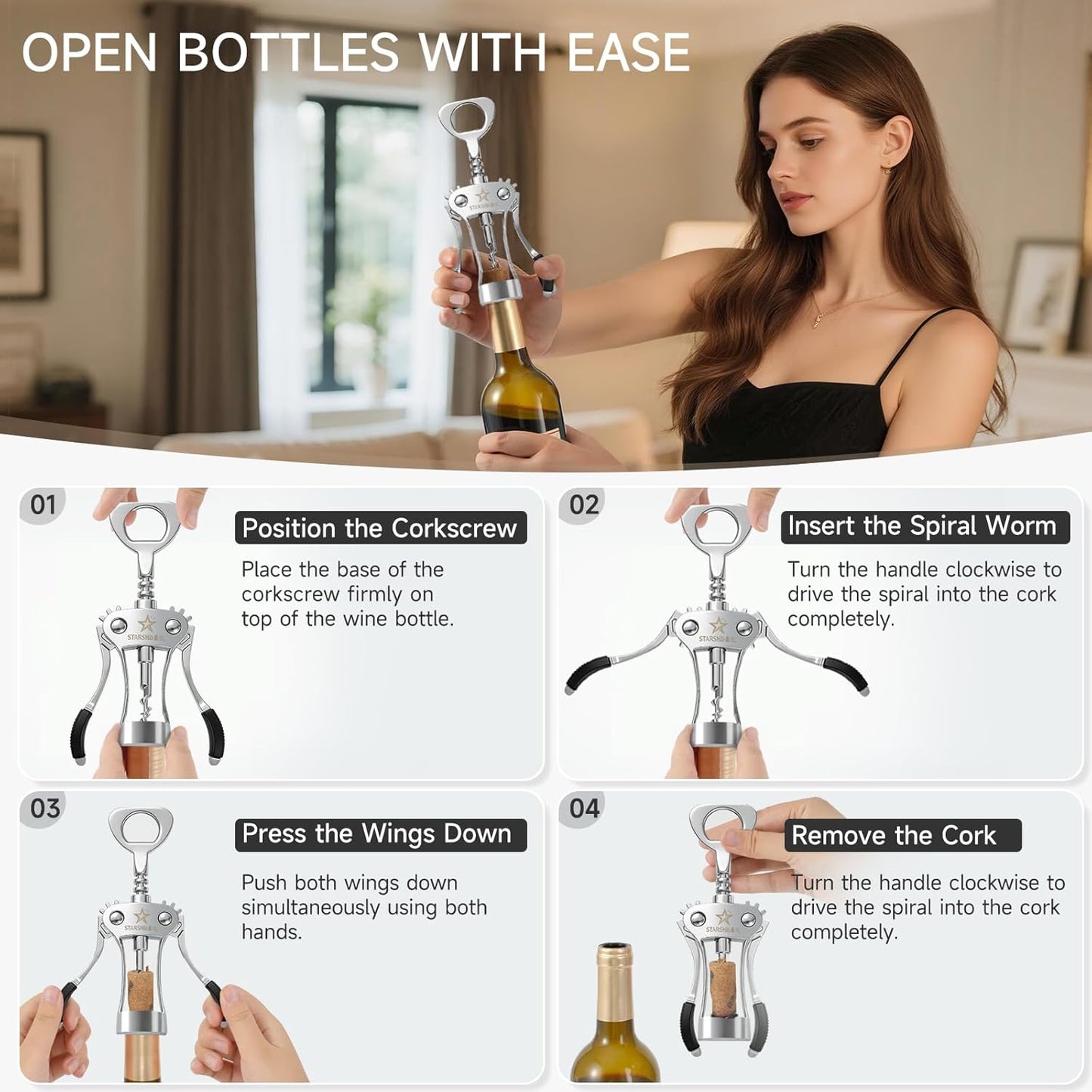 Wine Opener,Heavy-Duty Zinc Alloy Wing Corkscrew Manual Wine Bottle Opener with Sharp Spiral Screw for Sommeliers Wine Lovers,Polished Silver