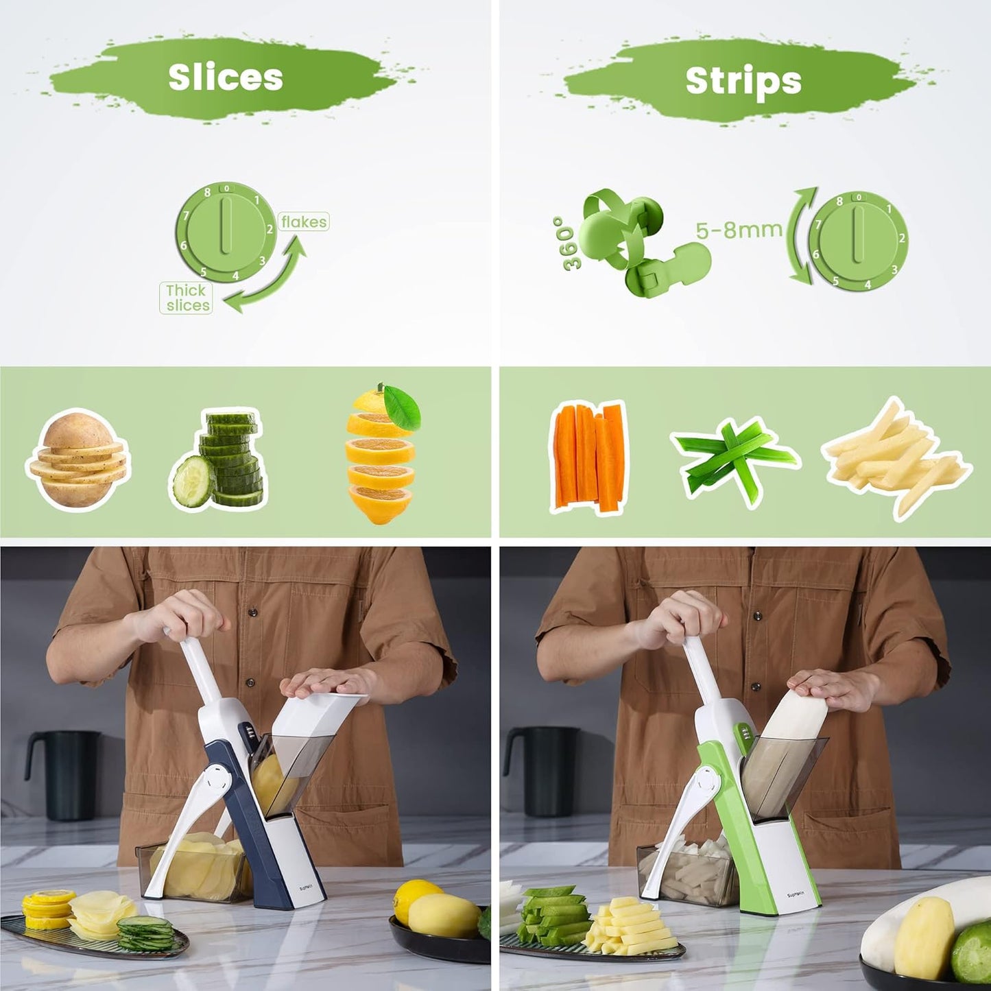 SupMaKin Safe Mandoline Slicer, Potato Slicer Maual Vegetable Chopper Adjustable Thickness Food Cutter, Kitchen Chopping Artifact for Cooking Meal Prep (Gray)