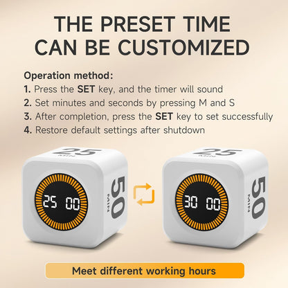 Rotating Productivity Timer 5, 25, 10, 50 Minutes Preset, Desk Cube w/Gravity Sensor for ADHD, Mute Functions, Ideal for Work, Study, Kitchen, Back to School (1, Wood Grain Finish)