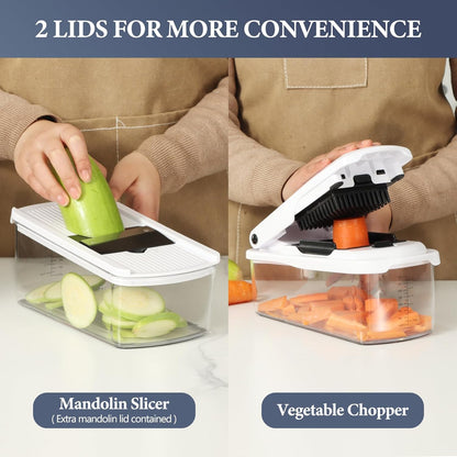 Ourokhome Veggie Chopper and Dicer with Container, Manual Hand Food Mandolin Slicer with 4 in 1 Handheld Vegetable Spiralizer for Zucchini, Potato, Onion, Essential Kitchen Gadgets (12 in 1, Gray)